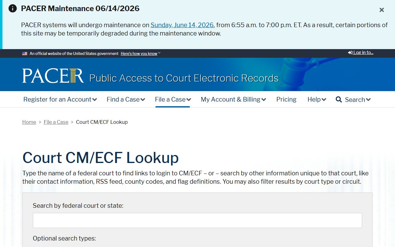 Crook County court dockets PACER court lookup page
