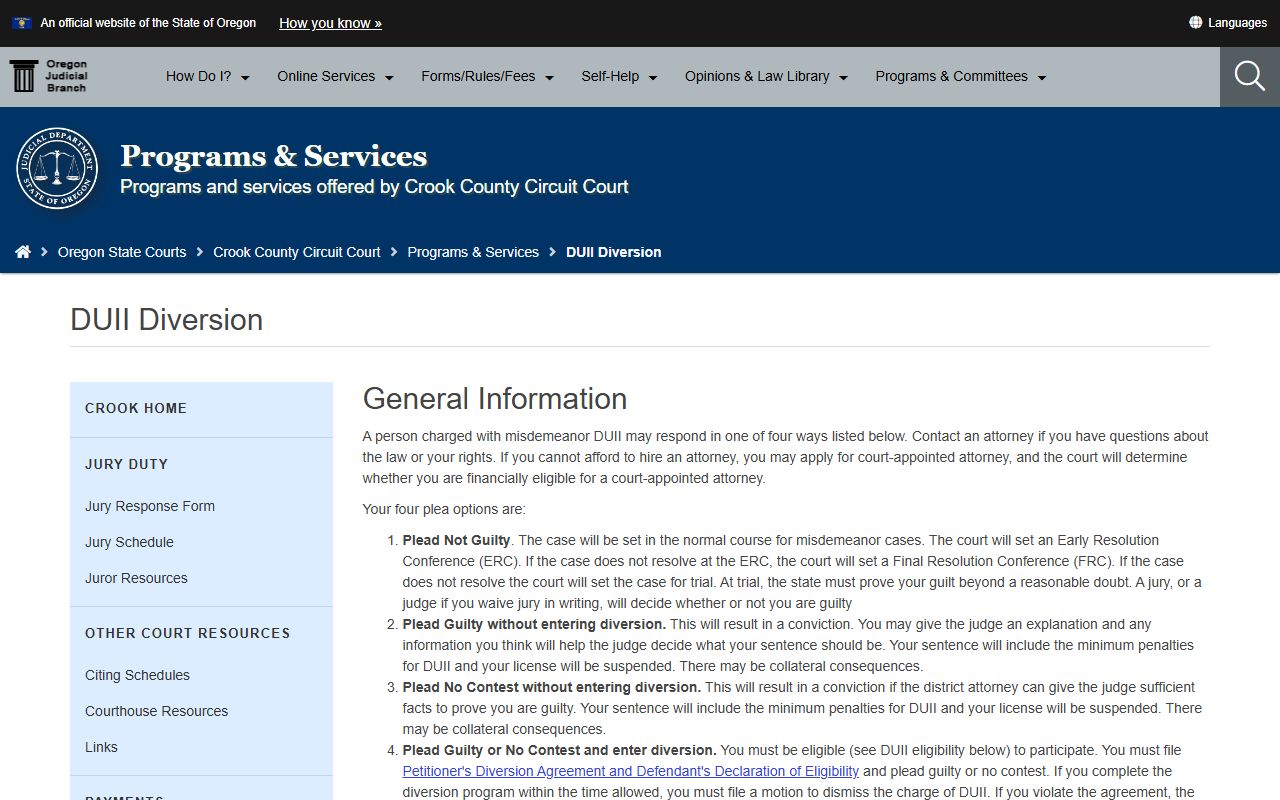 Crook County criminal court records DUII diversion page