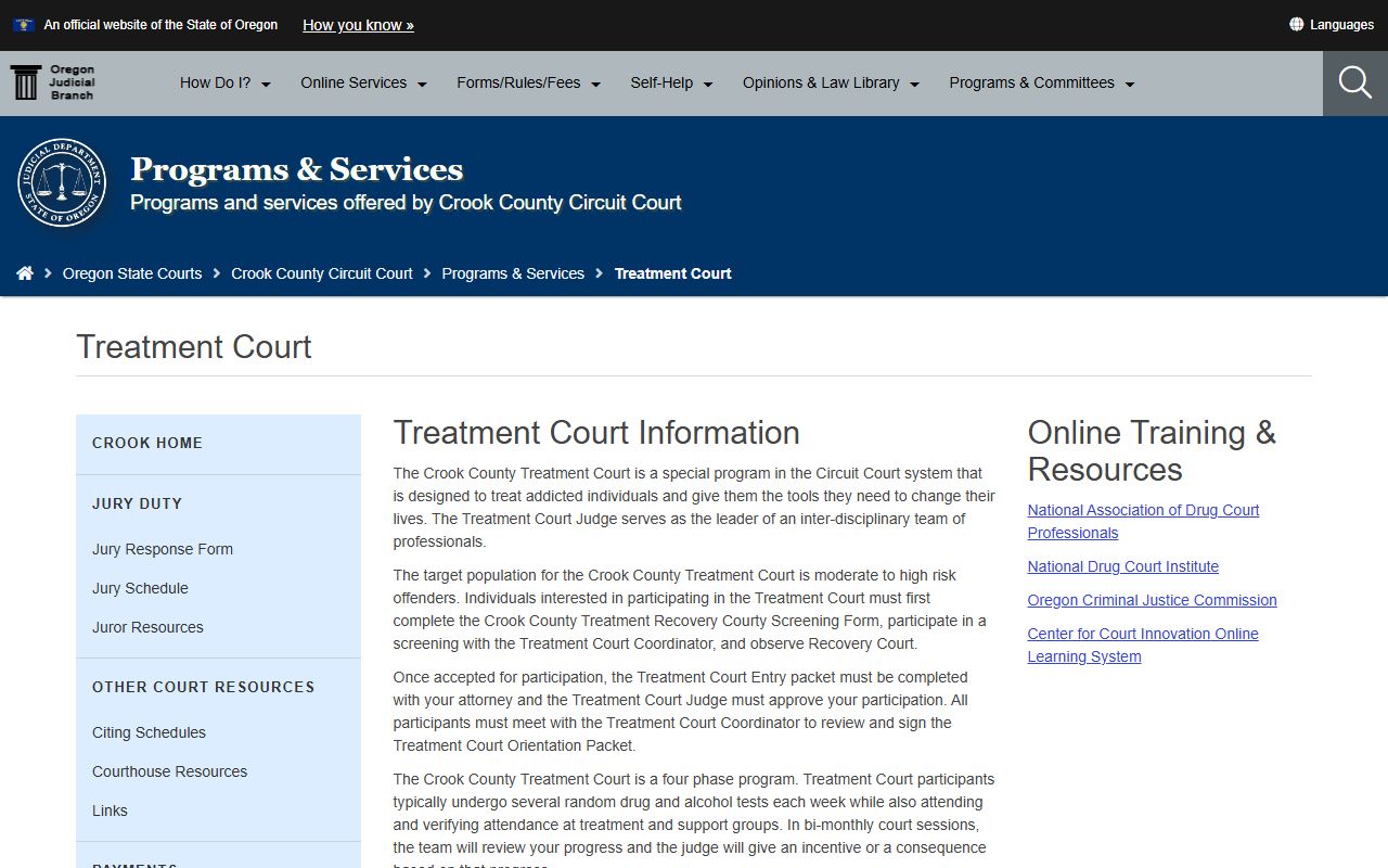 Crook County criminal court records Treatment Court program page