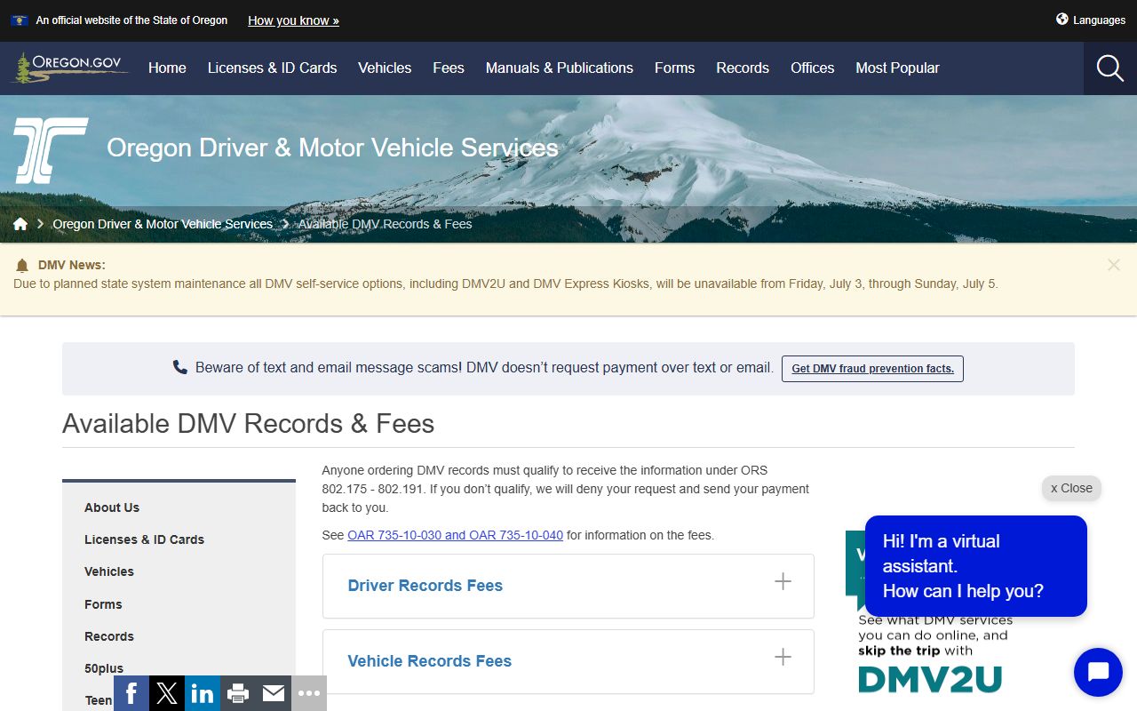 Crook County traffic court records Oregon DMV fees source