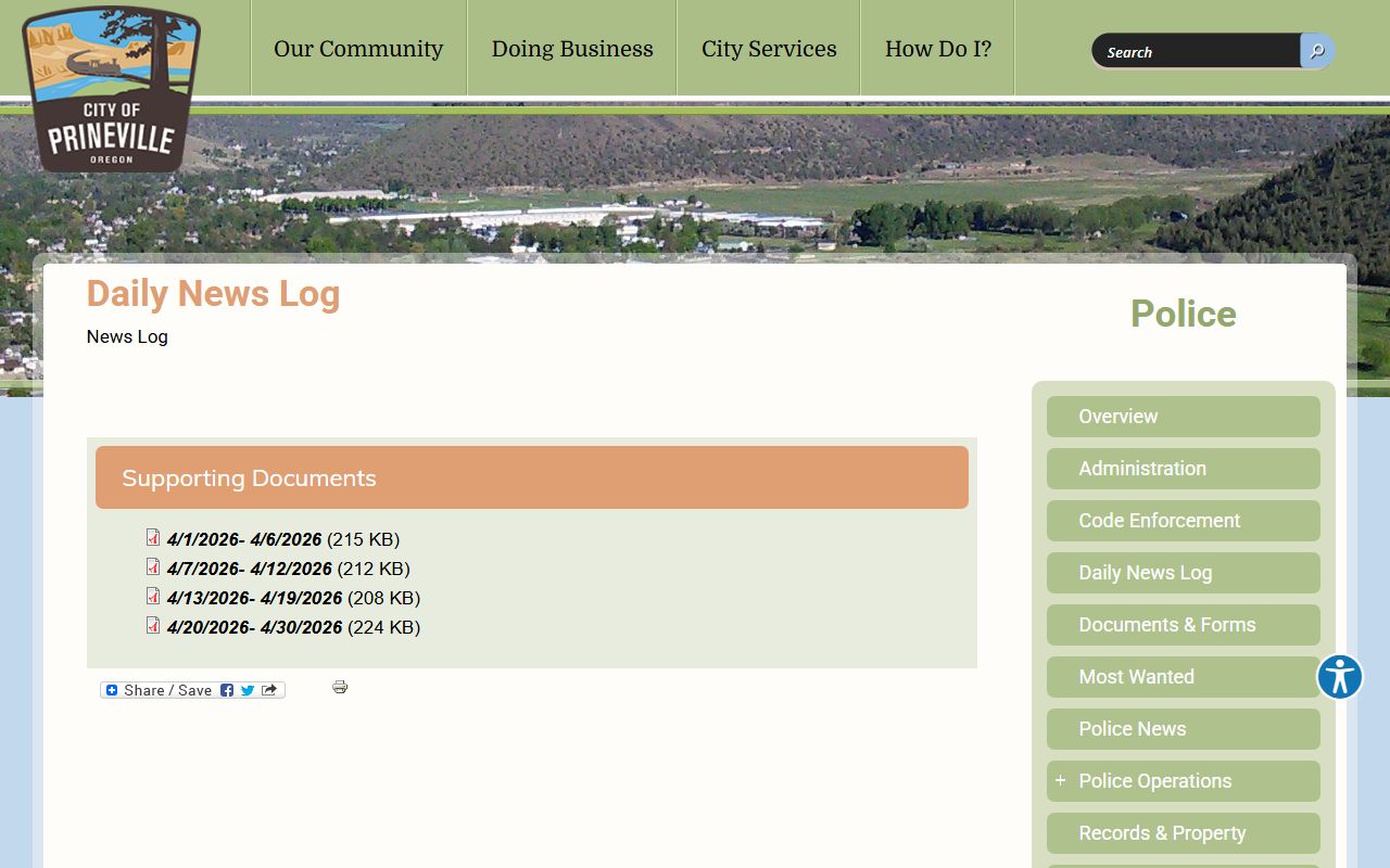 Crook County warrant records Prineville Police daily news log source